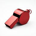 Metallic red whistle isolated on transparent background for sport event. Shiny referee tool for coach, judge. Blowing announce
