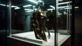 Metallic robot body prototype inside the transparent glass cube container in scientific laboratory. Artificial