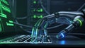 A metallic robot hand with glowing blue and green accents typing on a laptop keyboard with green code on screen Royalty Free Stock Photo