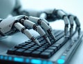 Metallic robot hand types on keyboard. Futuristic technology, automated digital computer system. Precise mechanical work, Royalty Free Stock Photo