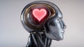 A metallic robot head with a glowing heart symbolizing artificial intelligence and emotion. Royalty Free Stock Photo