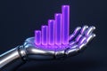 Metallic robotic hand holding glowing purple bar chart symbolizing data growth and technological progress Royalty Free Stock Photo