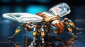 A metallic, robotic insect with clear wings, resembling a bee, stands on a reflective surface Royalty Free Stock Photo