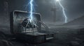 Robotic Spider in Rusty Box, Lightning Storm - AI Generated Royalty Free Stock Photo