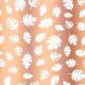 Metallic Rose Gold foil leaves seamless vector background. Shiny leaf pattern. White on copper elegant backdrop for weddings, Royalty Free Stock Photo