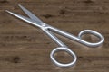 Metallic scissors on the wooden background. 3D rendering