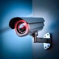 Metallic security camera with red light, blue gradient backdrop enhances vigilant presence. Royalty Free Stock Photo