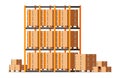 Metallic shelves with carton brown boxes.