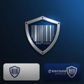 Metallic shield design features a barcode at its center with the numbers \