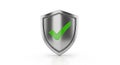 A metallic shield features a glossy silver surface with a bright green checkmark a Royalty Free Stock Photo