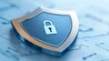 Metallic shield with glowing lock symbolizing advanced encryption and digital protection in a futuristic environment
