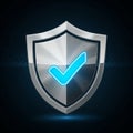 A metallic shield with a reflective surface displays a prominent blue checkmark at its Royalty Free Stock Photo