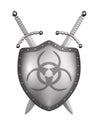 Metallic shield with symbol biohazard on white background. Isolated 3D illustration