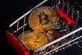 Metallic shiny bitcoin cryptocurrency coin with Ukrainian hryvnia coins in grocery shopping cart. Electronic decentralized money Royalty Free Stock Photo