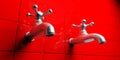 Metal shiny water taps on red tiles background. 3d illustration