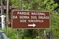 Metallic sign indicating the National Park of `Serra dos Orgaos` in Teresopolis