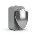 Silver Shield Protecting a Metallic Computer Server Tower on White Background technology Royalty Free Stock Photo
