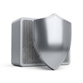 Metallic Silver Shield Symbol Protecting a Silver Computer Server Unit on White Background Royalty Free Stock Photo