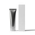 A metallic silver squeeze tube and its matching rectangular packaging box isolated on white background Royalty Free Stock Photo