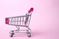 Metallic Small Shopping Cart on Pink background. Black Friday concept. Copy space for text