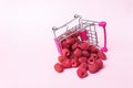 Metallic Small Shopping Cart with raspberries inside on Pink background. Shopping, purchases, supermarket, sale, mall concept