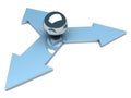 Metallic sphere in a crossroads of three arrows Royalty Free Stock Photo