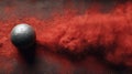 Metal sphere on red dust explosion, abstract background, dark drama Royalty Free Stock Photo