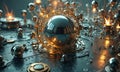 metallic sphere with reflective surface is surrounded by complex network metallic spheres and wires, creating Royalty Free Stock Photo