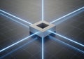 A metallic, square-shaped object with a hollow center sits at the intersection of four glowing blue Royalty Free Stock Photo