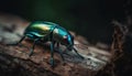 Metallic stag beetle crawls on green leaf in spooky forest generated by AI