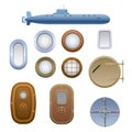 Metallic submarine. Set of windows, portholes, doors on submarine, ship. Royalty Free Stock Photo