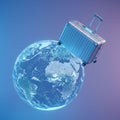 A metallic suitcase balances on a digital representation of Earth, Royalty Free Stock Photo