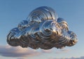 A metallic, swirling cloud sculpture floats in a blue sky. Its design emphasizes circular, Royalty Free Stock Photo
