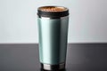 Metallic thermo cup with warm beverages, stainless steel container concept Royalty Free Stock Photo