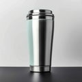 Metallic thermo cup with warm beverages, stainless steel container concept Royalty Free Stock Photo