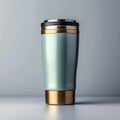 Metallic thermo cup with warm beverages, stainless steel container concept Royalty Free Stock Photo