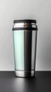 Metallic thermo cup with warm beverages, stainless steel container concept Royalty Free Stock Photo