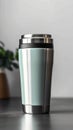 Metallic thermo cup with warm beverages, stainless steel container concept Royalty Free Stock Photo