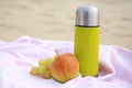 Metallic thermos with hot drink, fruits and plaid on sandy beach, closeup Royalty Free Stock Photo