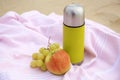 Metallic thermos with hot drink, fruits and plaid on sandy beach, closeup Royalty Free Stock Photo