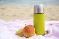 Metallic thermos with hot drink, fruits and plaid on sandy beach near sea Royalty Free Stock Photo