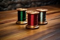 metallic thread spools with needle on a wooden surface Royalty Free Stock Photo