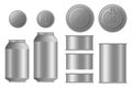 Metallic tin can for food. Front, top or bottom view. Vector realistic mockup of blank cylinder, aluminum container