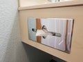 Metallic tissue dispenser in bathroom in hotel room