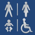 Metallic toilet gender icons. Man, woman, baby, physical impairment