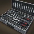 A metallic tool case containing a comprehensive ratchet and socket set. The case Royalty Free Stock Photo