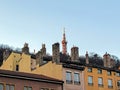 Metallic tower of Fourviere, steel framework tower with rooftops and chimneys, Lyon, France, Europe