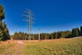 Metallic transmission line in the middle of a field.