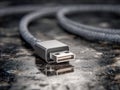 Metallic usb connector with braided cable lying on textured reflective surface showcasing modern technology and data connectivity Royalty Free Stock Photo