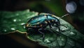 Metallic weevil crawls on wet leaf in forest rain generated by AI